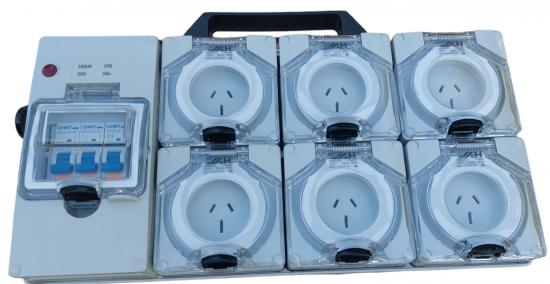 Industrial Power board - 32 Amp 3 phase supply with 6x15 Amp outlets.